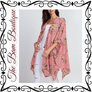 Red & White Floral Stripe Sidetail Kimono
